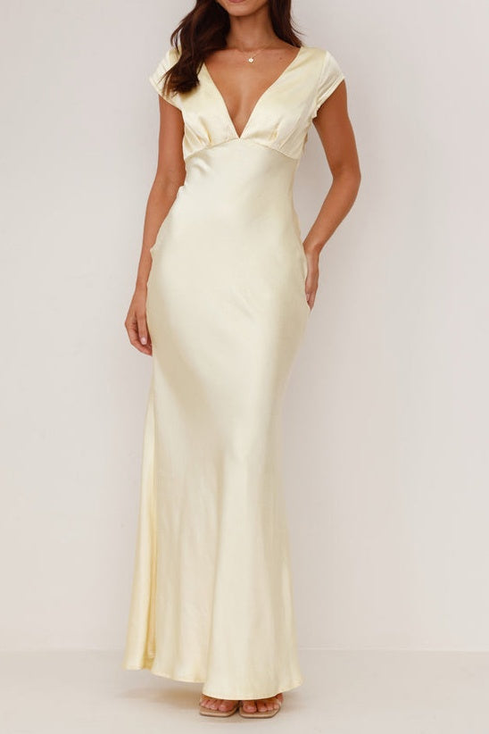 V-Neck Sleeveless Satin Fitted Maxi Bridesmaid Dress