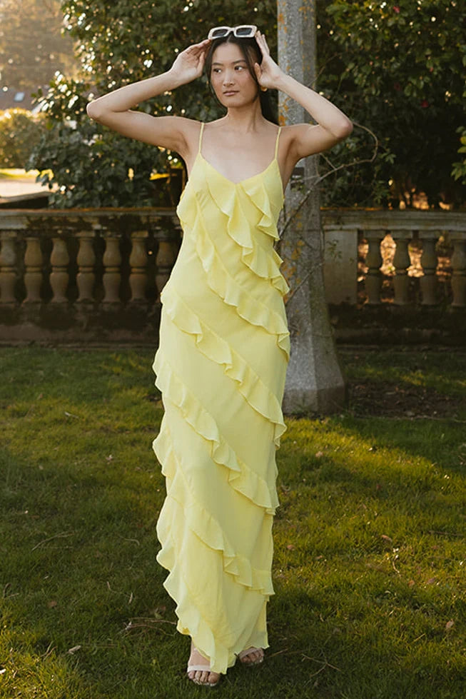 V-Neck Sleeveless Tiered Ruffle Maxi Chiffon Party Prom Dress