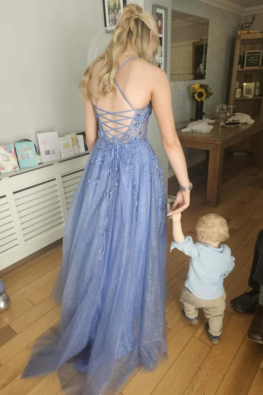 V-Neck Spaghetti Straps Lace-Up Tulle A-Line Party Prom Dress