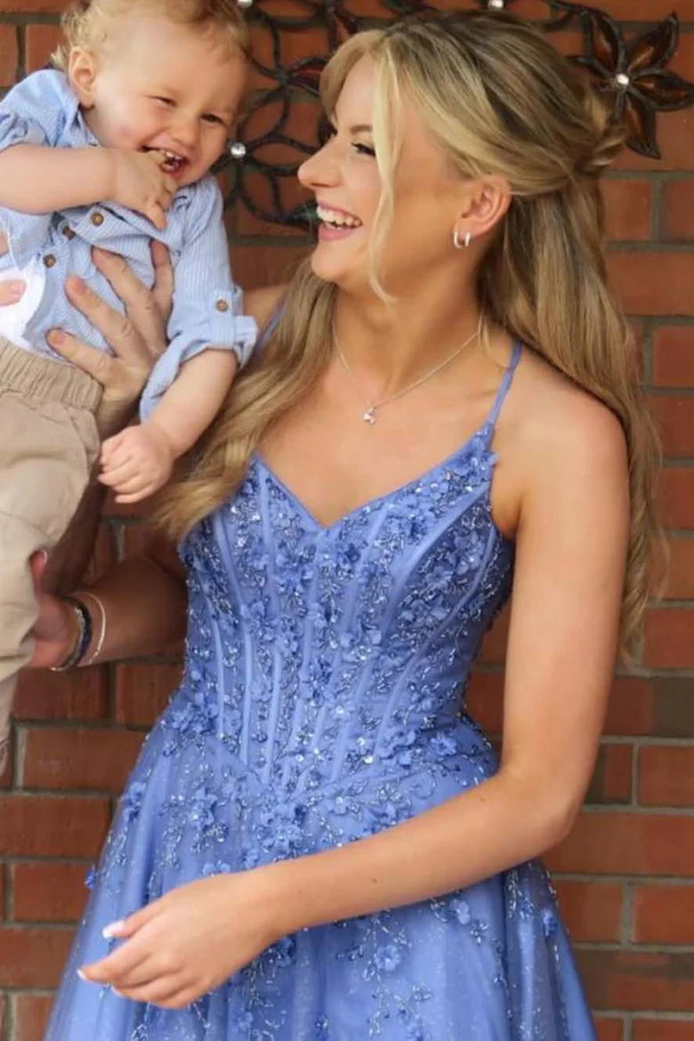 V-Neck Spaghetti Straps Lace-Up Tulle A-Line Party Prom Dress