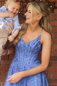 V-Neck Spaghetti Straps Lace-Up Tulle A-Line Party Prom Dress