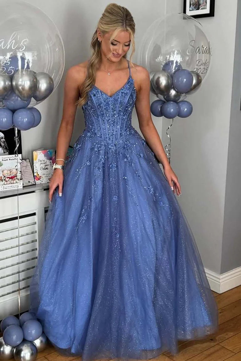 V-Neck Spaghetti Straps Lace-Up Tulle A-Line Party Prom Dress