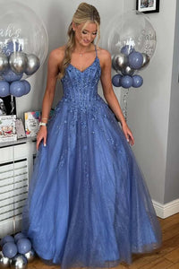 V-Neck Spaghetti Straps Lace-Up Tulle A-Line Party Prom Dress