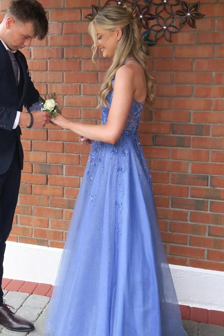 V-Neck Spaghetti Straps Lace-Up Tulle A-Line Party Prom Dress