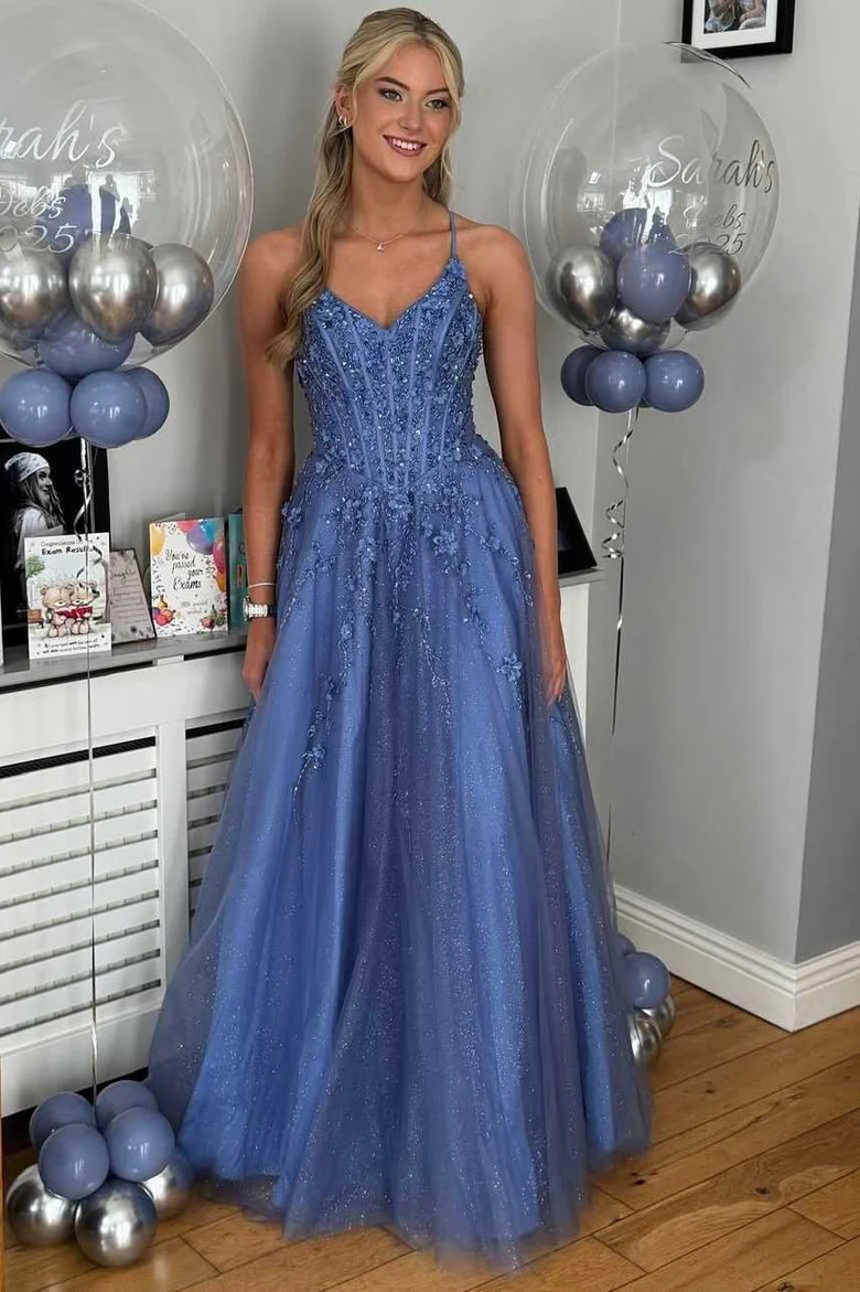 V-Neck Spaghetti Straps Lace-Up Tulle A-Line Party Prom Dress