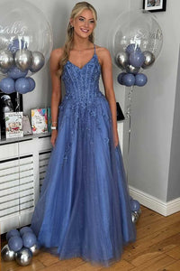 V-Neck Spaghetti Straps Lace-Up Tulle A-Line Party Prom Dress