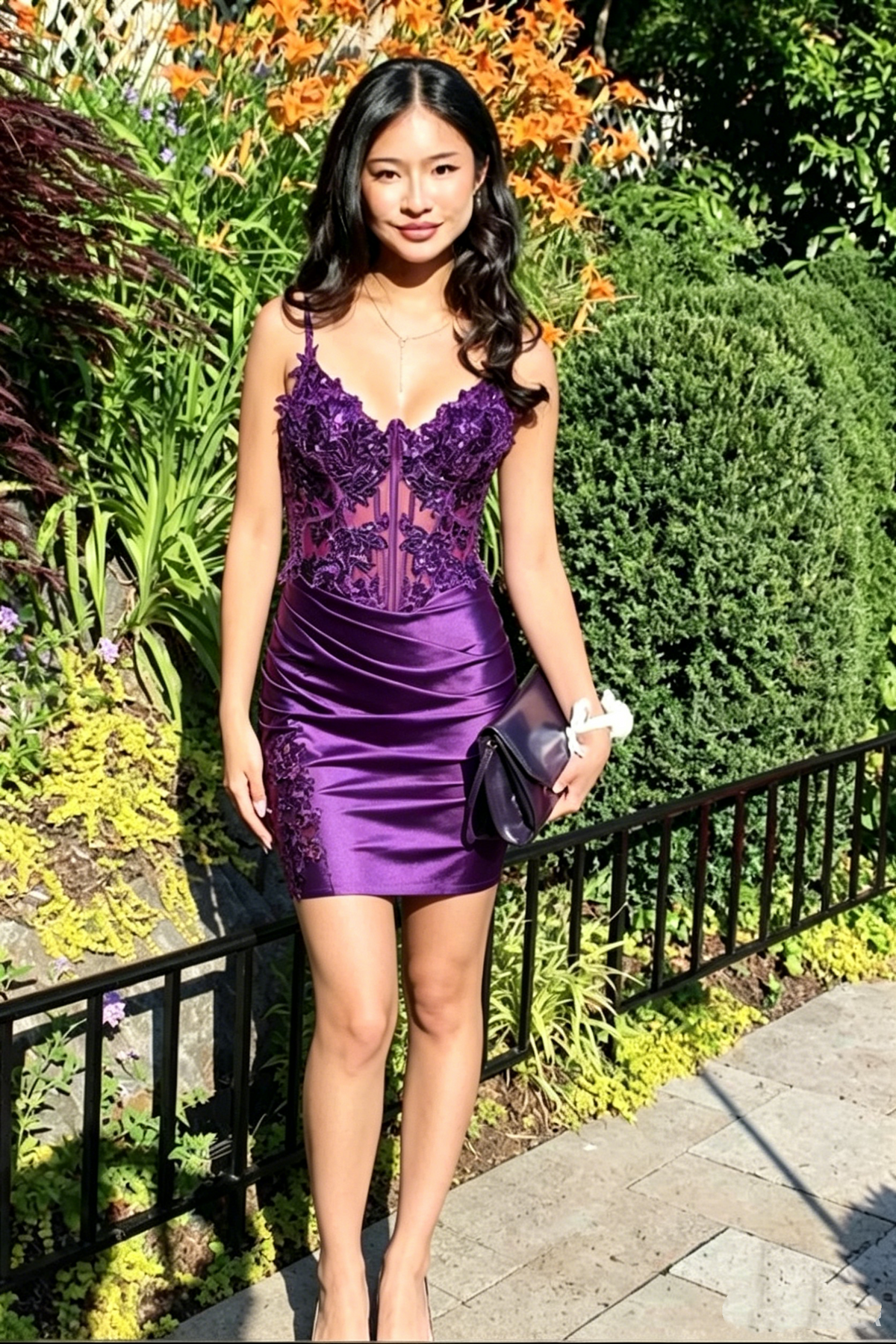 V-Neck Spaghetti Straps Lace Appliques Satin Tight Homecoming Dress