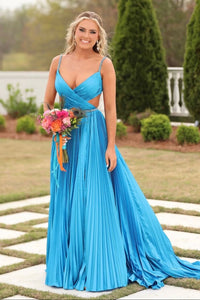 V-Neck Spaghetti Straps Open Back Satin A-Line Pleated Party Prom Dress