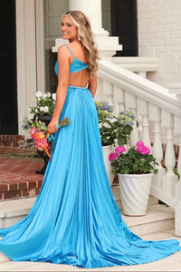 V-Neck Spaghetti Straps Open Back Satin A-Line Pleated Party Prom Dress