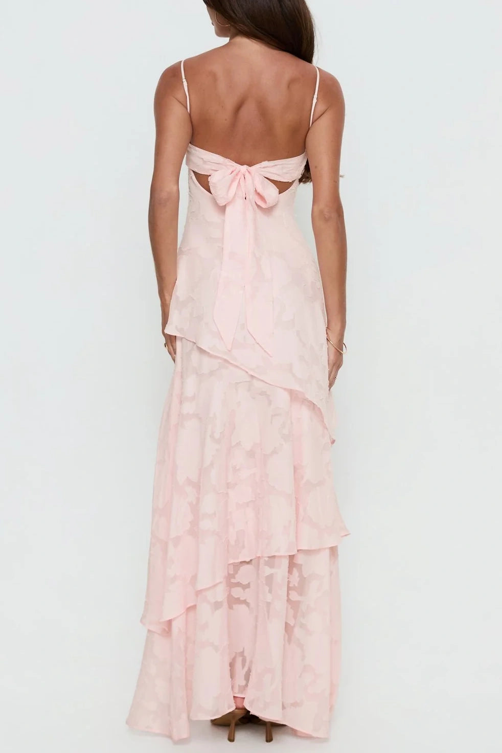 V-Neck Spaghetti Straps Satin A-Line Tiered Party Prom Dress