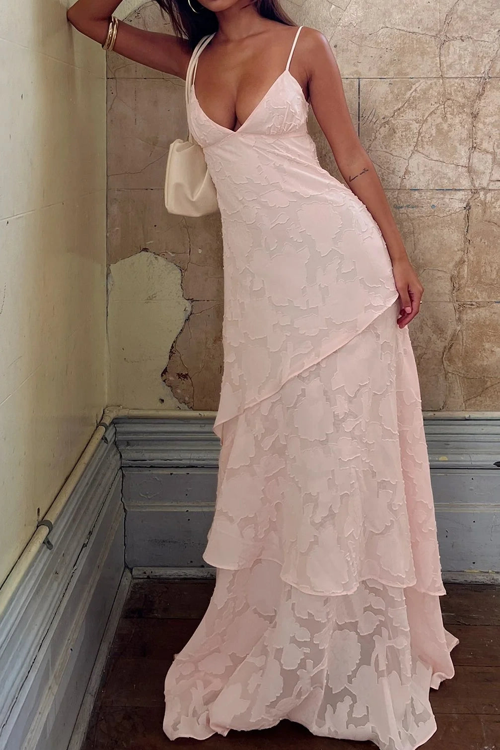 V-Neck Spaghetti Straps Satin A-Line Tiered Party Prom Dress
