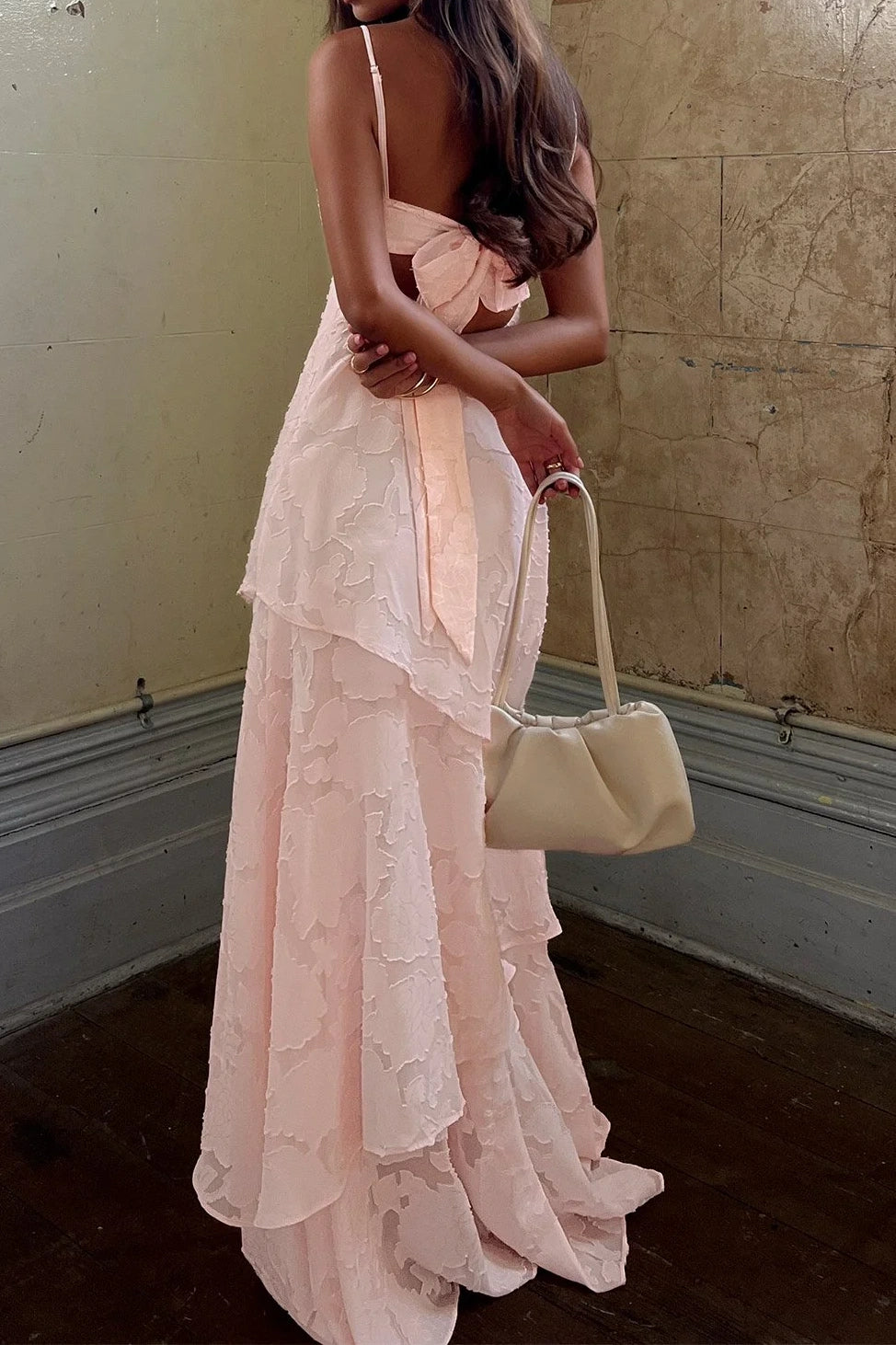 V-Neck Spaghetti Straps Satin A-Line Tiered Party Prom Dress