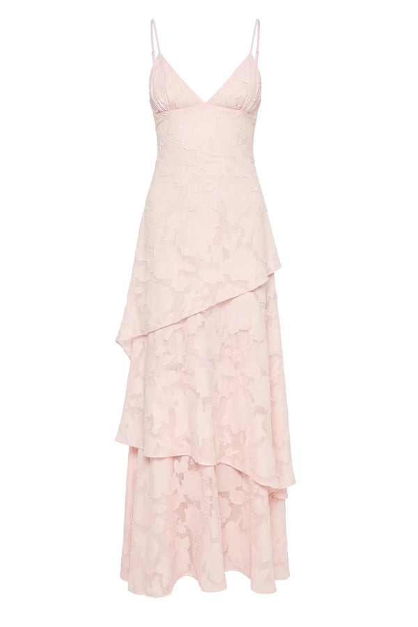 V-Neck Spaghetti Straps Satin A-Line Tiered Party Prom Dress