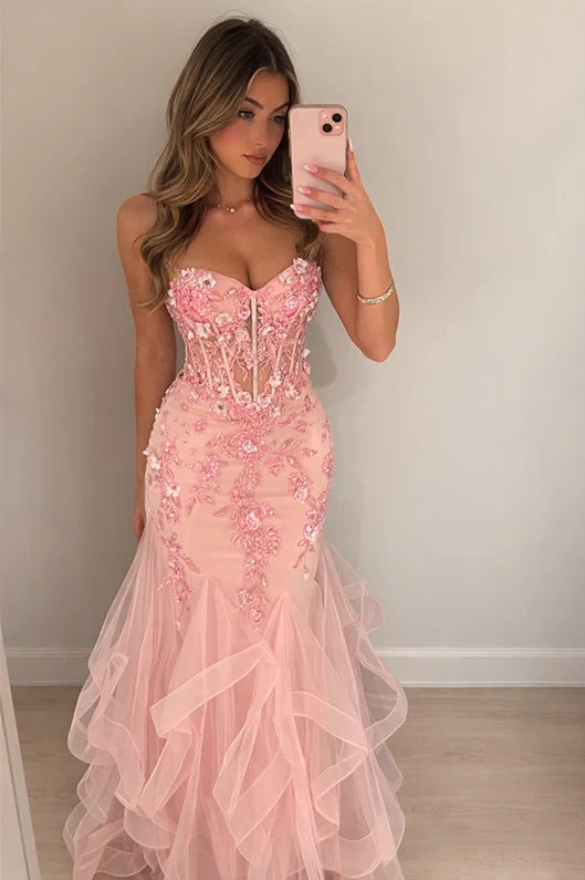 V-Neck Strapless Floral Appliques Mermaid Tiered Party Prom Dress