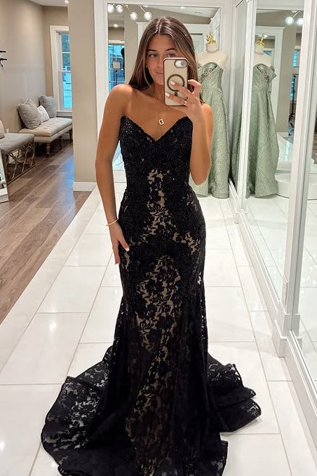 Glamorous Red Sweetheart Lace Mermaid Long Prom Dress