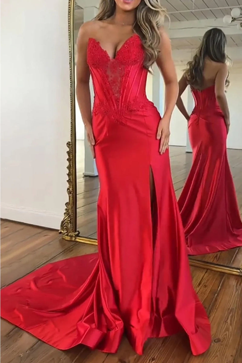 V-Neck Strapless Open Back Satin Mermaid Leg Slit Party Prom Dress