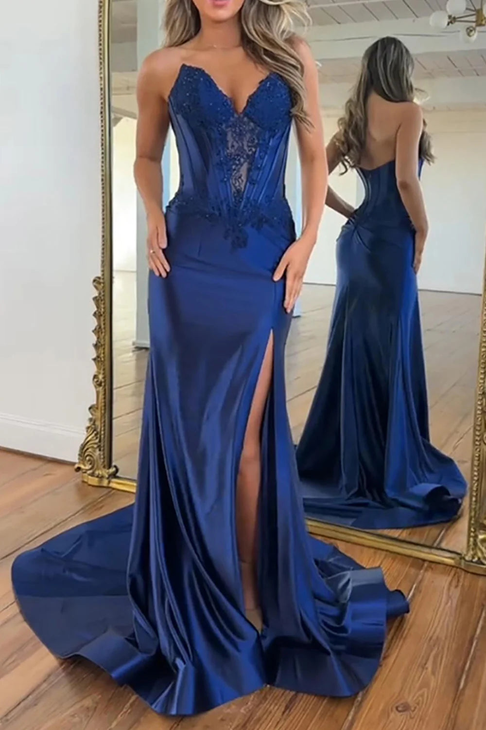 V-Neck Strapless Open Back Satin Mermaid Leg Slit Party Prom Dress