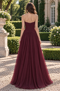 V-Neck Strapless Pleated Empire Chiffon A-Line Long Party Prom Dress