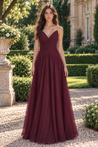 V-Neck Strapless Pleated Empire Chiffon A-Line Long Party Prom Dress