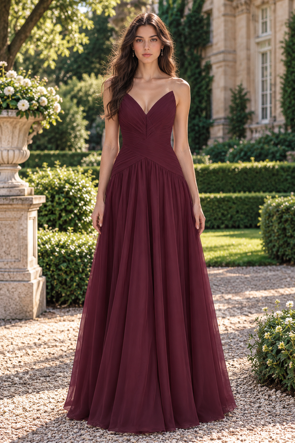 V-Neck Strapless Pleated Empire Chiffon A-Line Long Party Prom Dress