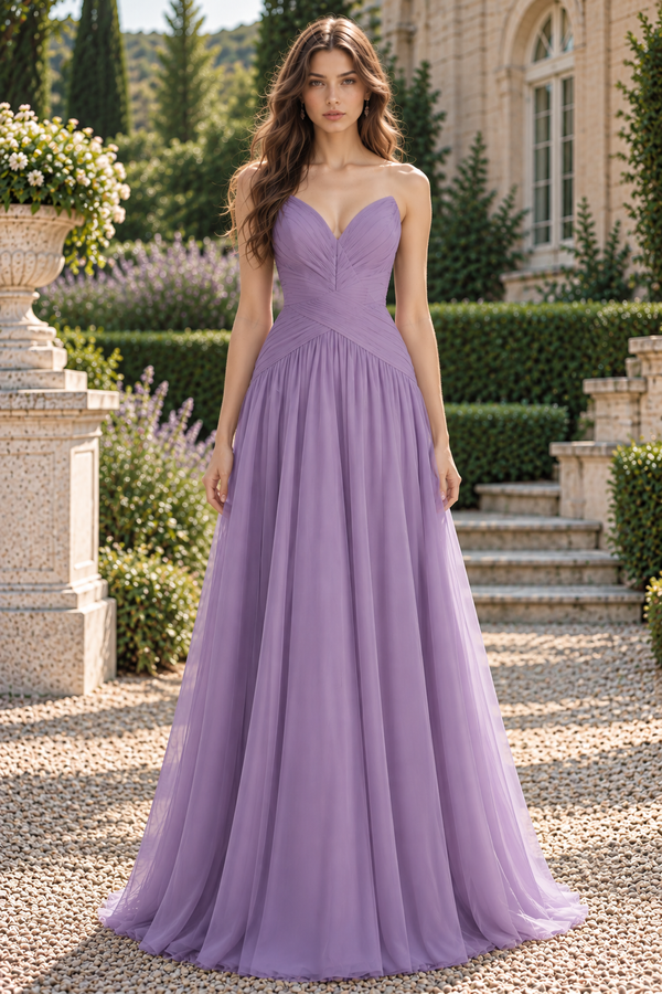 V-Neck Strapless Pleated Empire Chiffon A-Line Long Party Prom Dress