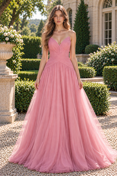 V-Neck Strapless Pleated Empire Chiffon A-Line Long Party Prom Dress