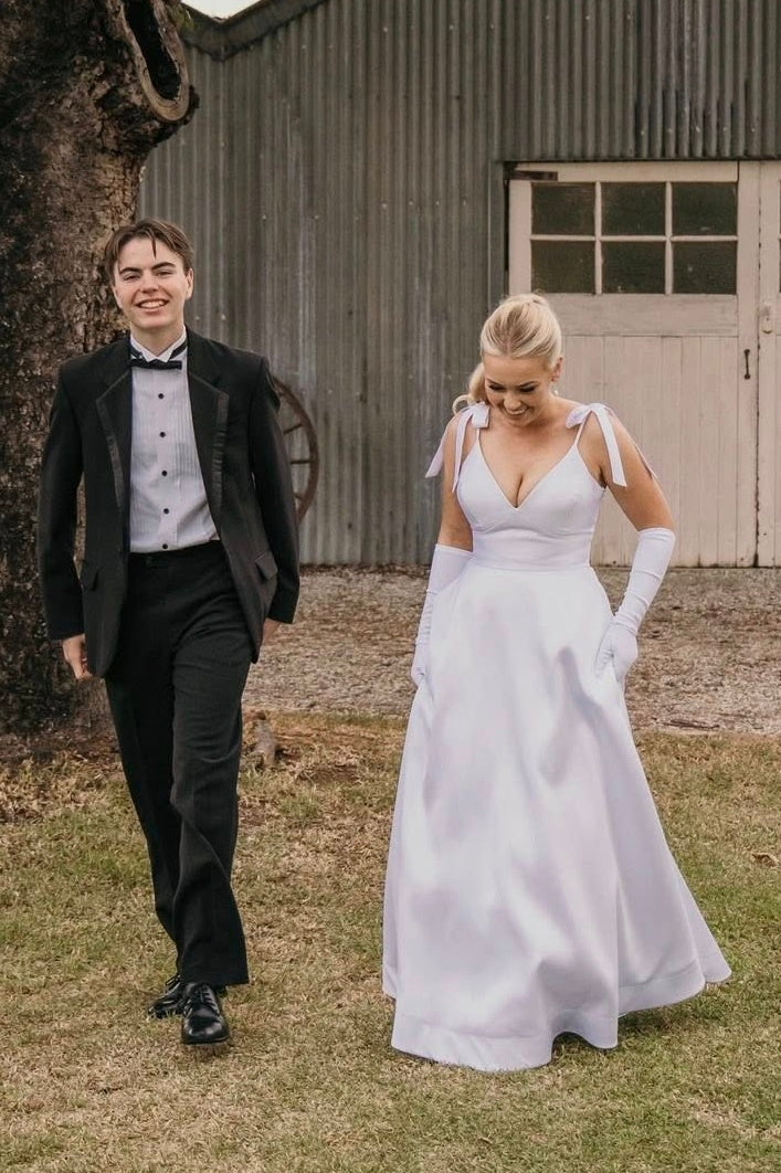 V-Neck Straps A-Line Empire Satin Long Party Prom Dress