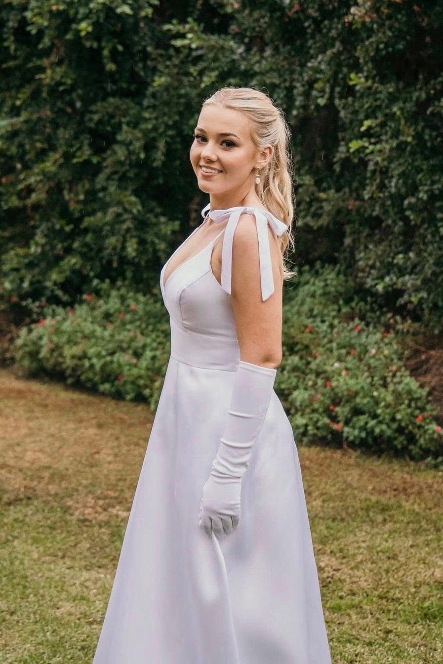 V-Neck Straps A-Line Empire Satin Long Party Prom Dress