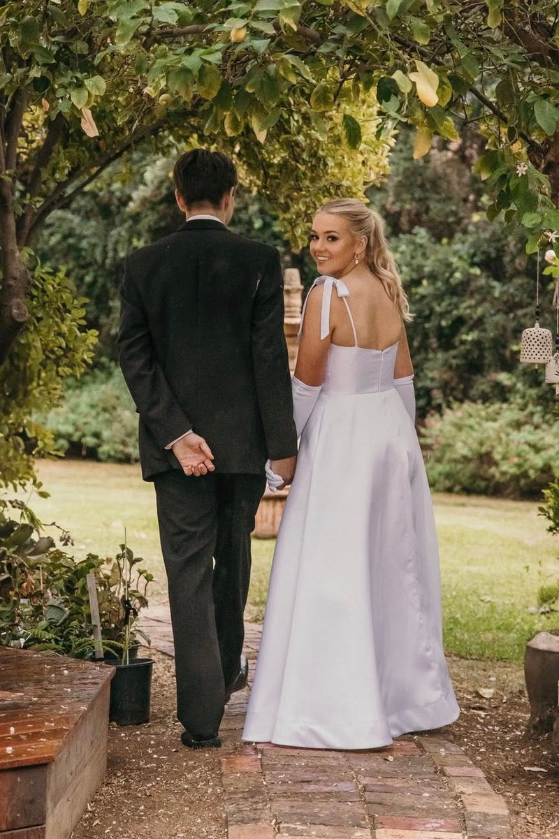 V-Neck Straps A-Line Empire Satin Long Party Prom Dress