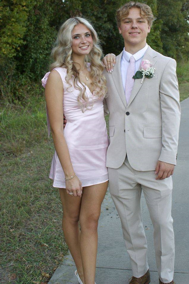V-Neck Straps A-Line Empire Satin Party Homecoming Dress