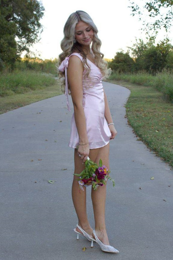 V-Neck Straps A-Line Empire Satin Party Homecoming Dress