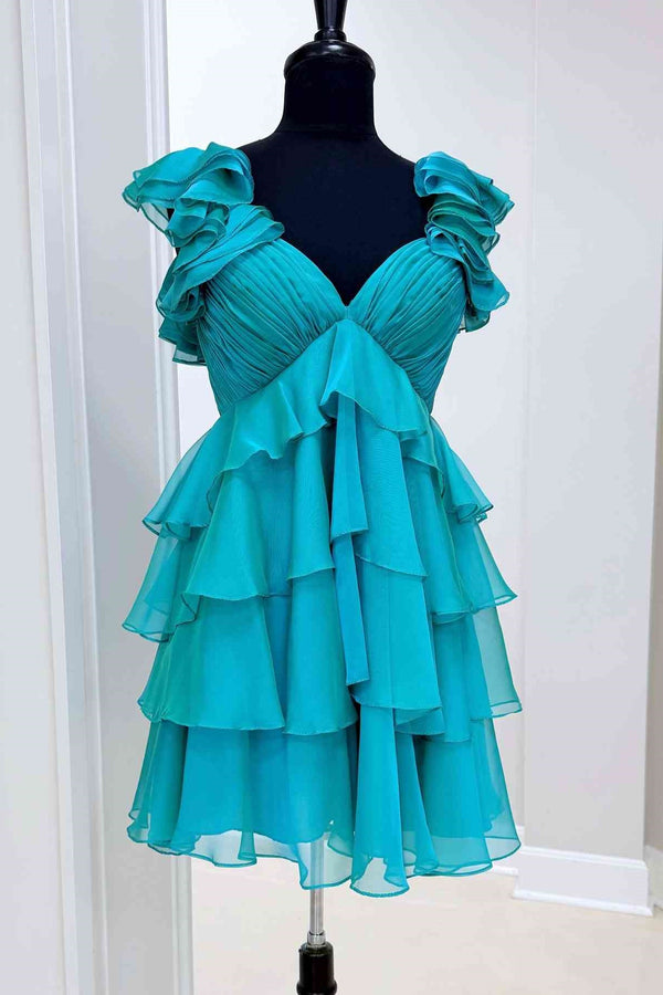 V-Neck Straps A-Line Pleated Tiered Chiffon Short Homecoming Dress