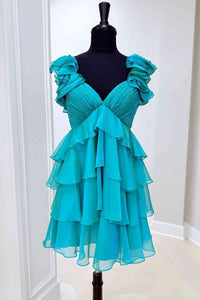 V-Neck Straps A-Line Pleated Tiered Chiffon Short Homecoming Dress
