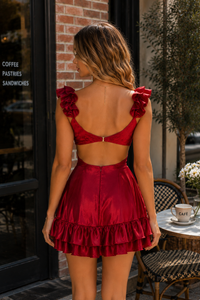 V-Neck Straps A-Line Satin Cot Out Pleated Ruffle Homecoming Dress