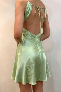 V-Neck Straps Backless Satin A-Line Lace Appliques Homecoming Dress