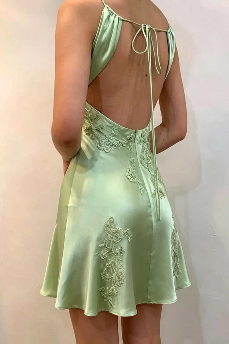 V-Neck Straps Backless Satin A-Line Lace Appliques Homecoming Dress
