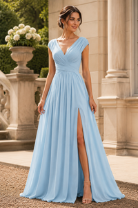 V-Neck Straps Chiffon A-Line Mother Of The Bride Dress With Slit