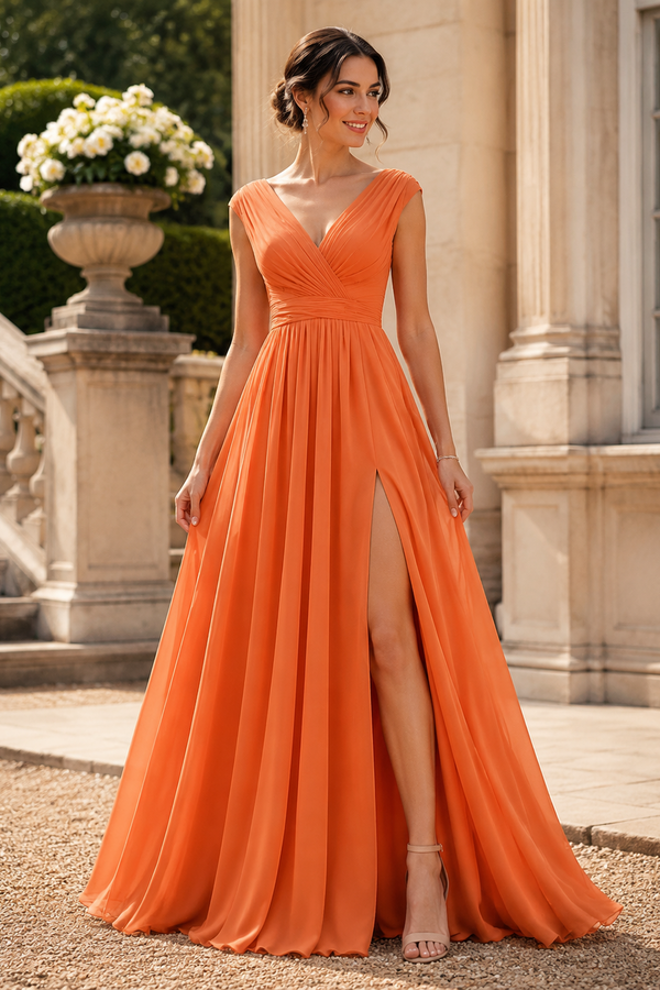 V-Neck Straps Chiffon A-Line Mother Of The Bride Dress With Slit