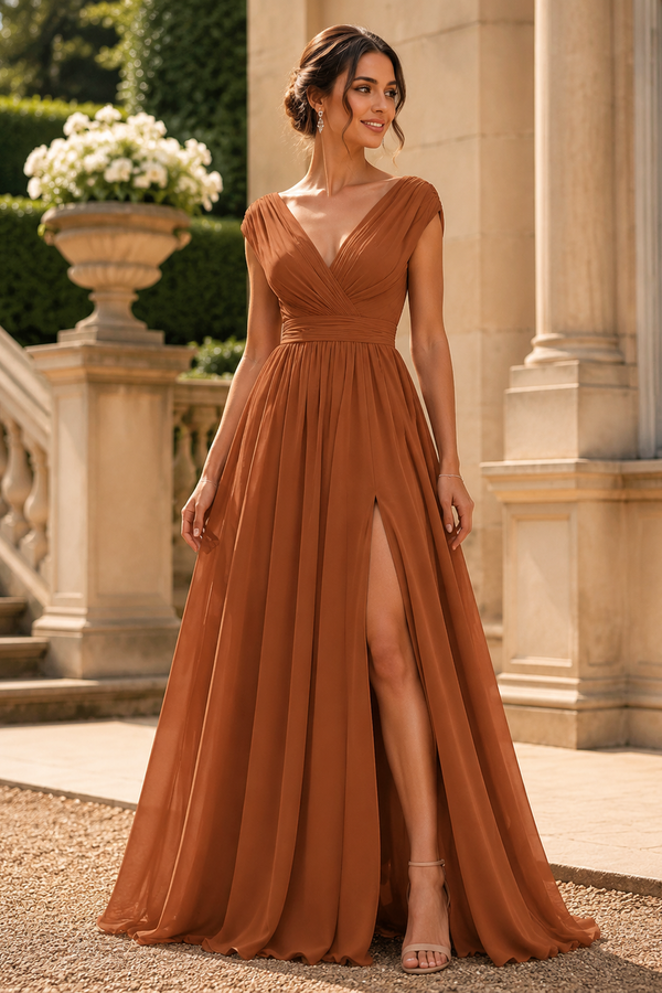 V-Neck Straps Chiffon A-Line Mother Of The Bride Dress With Slit