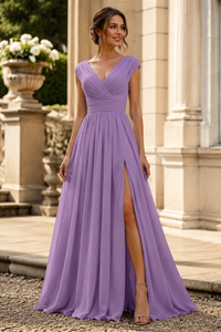 V-Neck Straps Chiffon A-Line Mother Of The Bride Dress With Slit