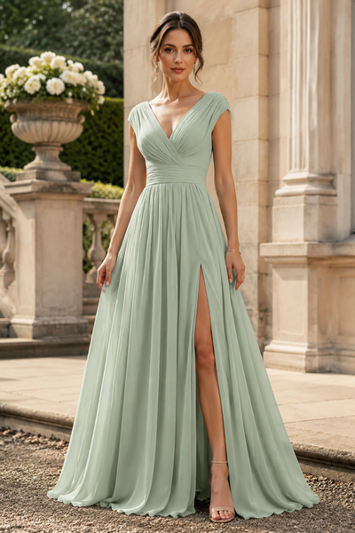 V-Neck Straps Chiffon A-Line Mother Of The Bride Dress With Slit