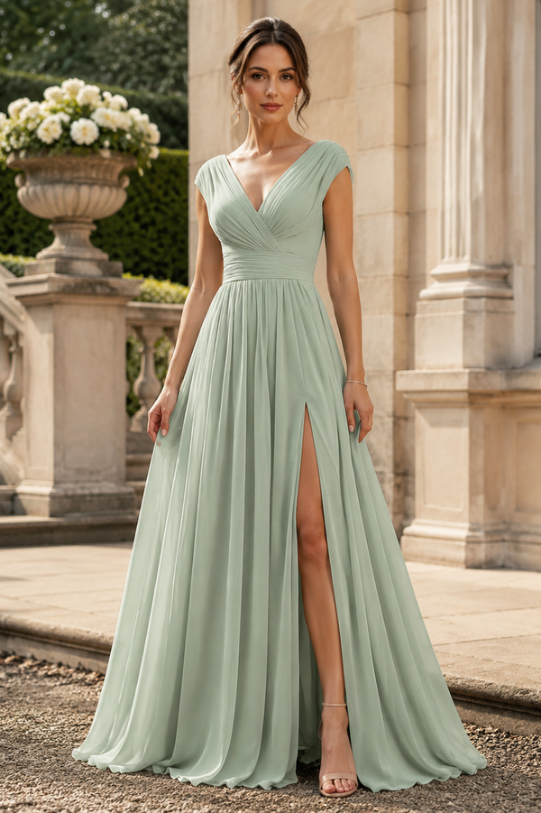 V-Neck Straps Chiffon A-Line Mother Of The Bride Dress With Slit