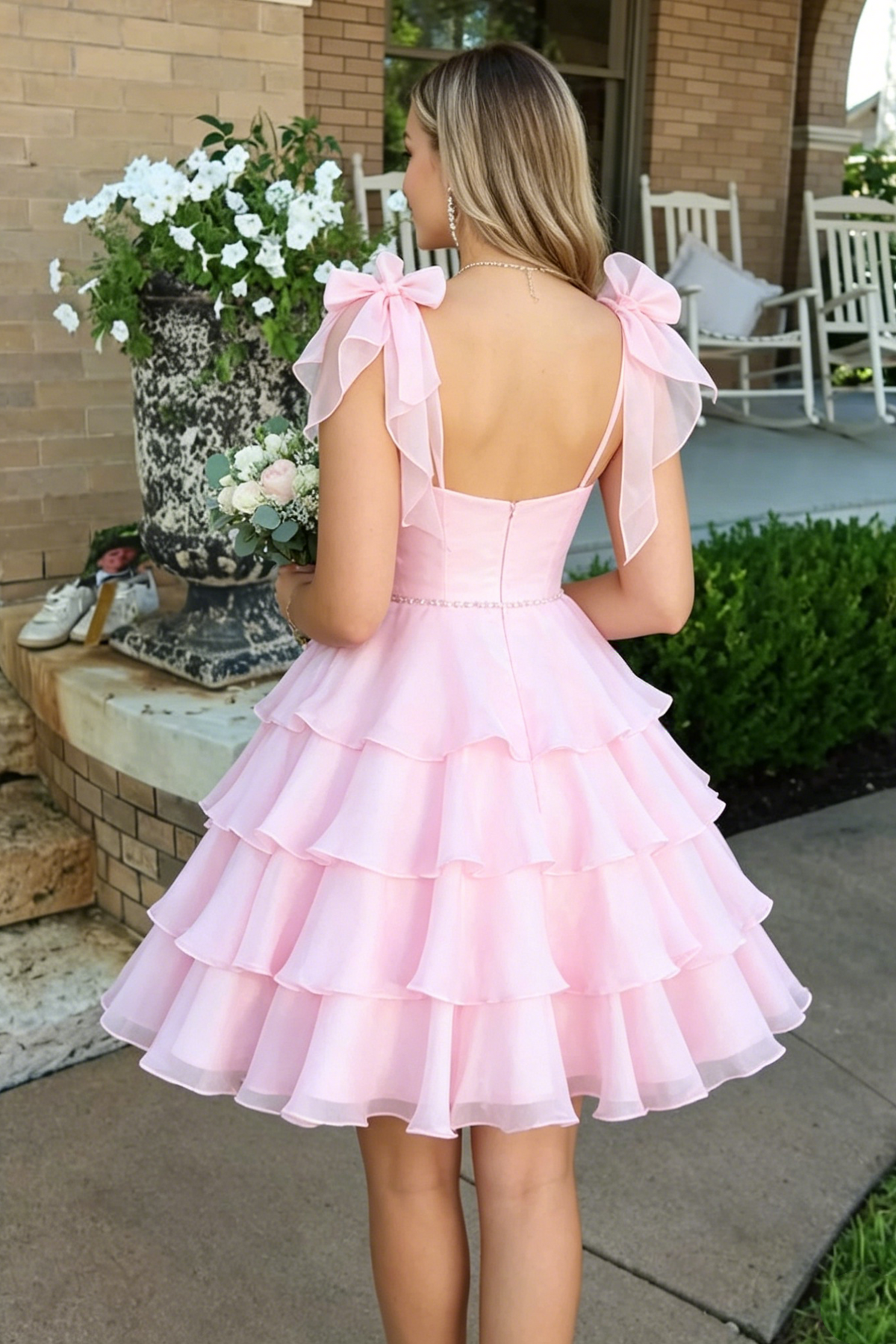 V-Neck Straps Chiffon Empire Tiered A-Line Homecoming Dress