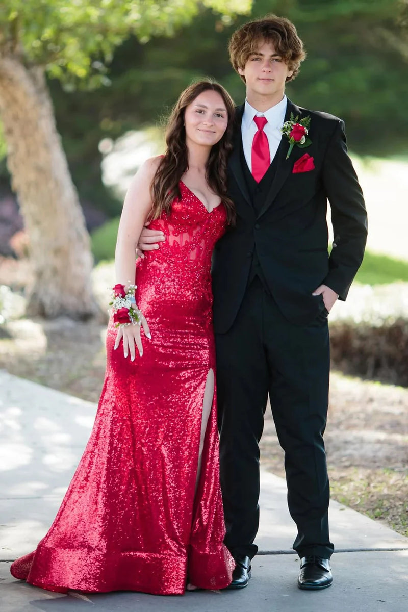 Sparkly V-Neck Sleeveless Lace And Sequin Party Prom Dress