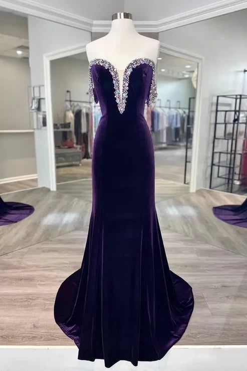 Velvet Sweetheart Off-Shoulder Beaded Mermaid Party Prom Dress