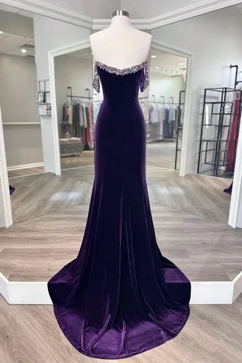 Velvet Sweetheart Off-Shoulder Beaded Mermaid Party Prom Dress
