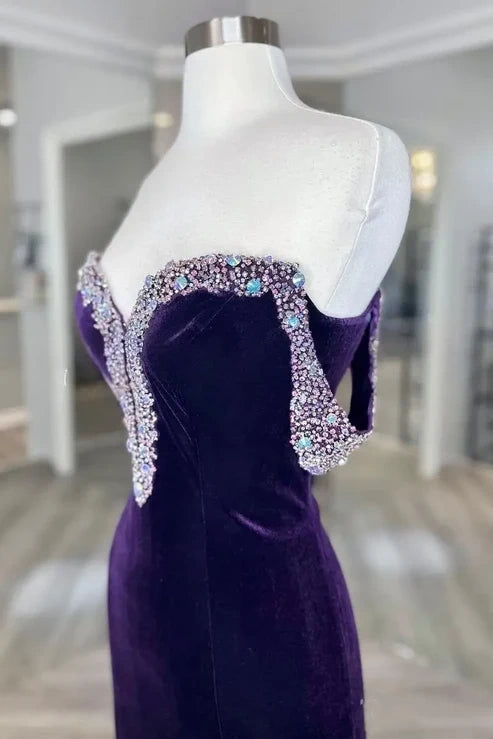 Velvet Sweetheart Off-Shoulder Beaded Mermaid Party Prom Dress