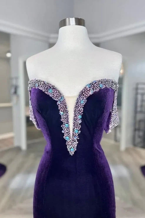 Velvet Sweetheart Off-Shoulder Beaded Mermaid Party Prom Dress