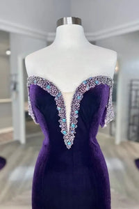 Velvet Sweetheart Off-Shoulder Beaded Mermaid Party Prom Dress
