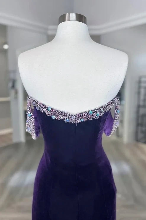 Velvet Sweetheart Off-Shoulder Beaded Mermaid Party Prom Dress